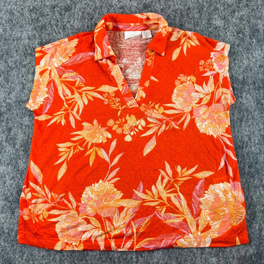 Cynthia Rowley Linen Floral Top‎ Womens M Orange V-Neck Cap Sleeve Resort Boho